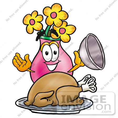 #25674 Clip Art Graphic of a Pink Vase And Yellow Flowers Cartoon Character Serving a Thanksgiving Turkey on a Platter by toons4biz
