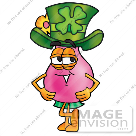 #25676 Clip Art Graphic of a Pink Vase And Yellow Flowers Cartoon Character Wearing a Saint Patricks Day Hat With a Clover on it by toons4biz