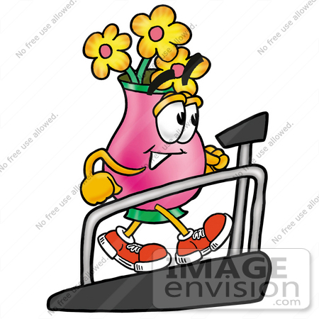 #25679 Clip Art Graphic of a Pink Vase And Yellow Flowers Cartoon Character Walking on a Treadmill in a Fitness Gym by toons4biz