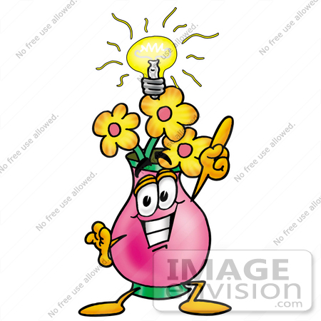 #25680 Clip Art Graphic of a Pink Vase And Yellow Flowers Cartoon Character With a Bright Idea by toons4biz