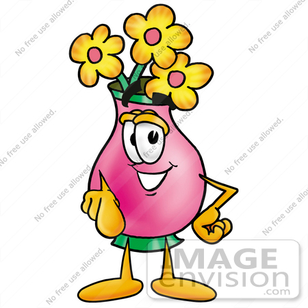 #25681 Clip Art Graphic of a Pink Vase And Yellow Flowers Cartoon Character Pointing at the Viewer by toons4biz