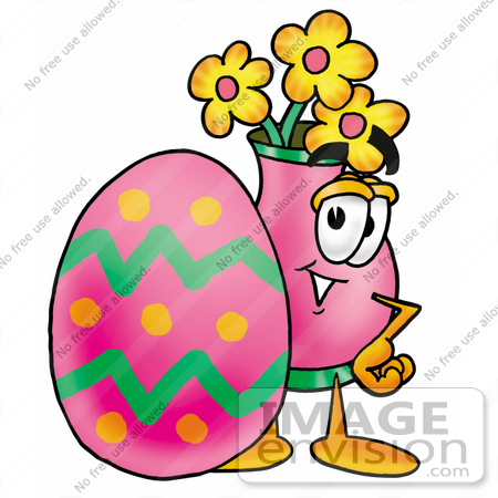 #25682 Clip Art Graphic of a Pink Vase And Yellow Flowers Cartoon Character Standing Beside an Easter Egg by toons4biz