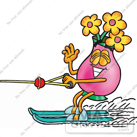 #25684 Clip Art Graphic of a Pink Vase And Yellow Flowers Cartoon Character Waving While Water Skiing by toons4biz