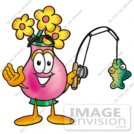 #25687 Clip Art Graphic of a Pink Vase And Yellow Flowers Cartoon Character Holding a Fish on a Fishing Pole by toons4biz