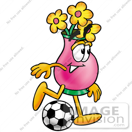 #25688 Clip Art Graphic of a Pink Vase And Yellow Flowers Cartoon Character Kicking a Soccer Ball by toons4biz