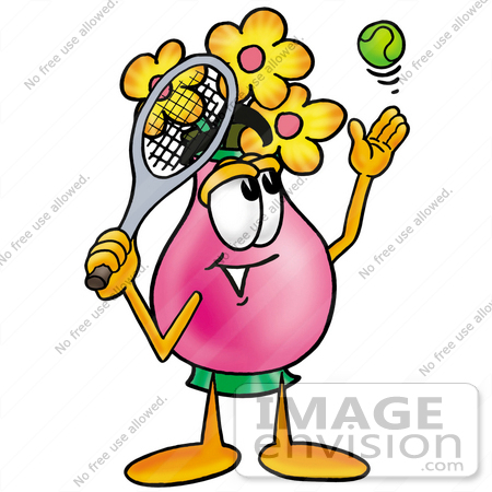 #25689 Clip Art Graphic of a Pink Vase And Yellow Flowers Cartoon Character Preparing to Hit a Tennis Ball by toons4biz