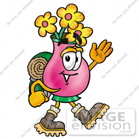 #25690 Clip Art Graphic of a Pink Vase And Yellow Flowers Cartoon Character Hiking and Carrying a Backpack by toons4biz