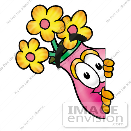 #25692 Clip Art Graphic of a Pink Vase And Yellow Flowers Cartoon Character Peeking Around a Corner by toons4biz