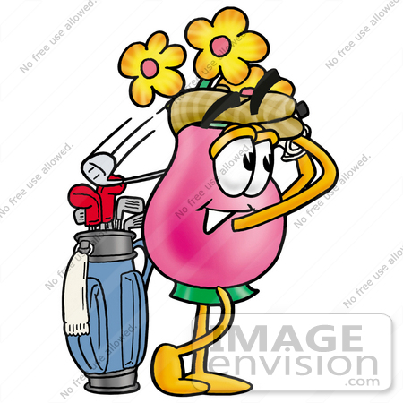 #25694 Clip Art Graphic of a Pink Vase And Yellow Flowers Cartoon Character Swinging His Golf Club While Golfing by toons4biz