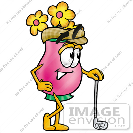 #25696 Clip Art Graphic of a Pink Vase And Yellow Flowers Cartoon Character Leaning on a Golf Club While Golfing by toons4biz