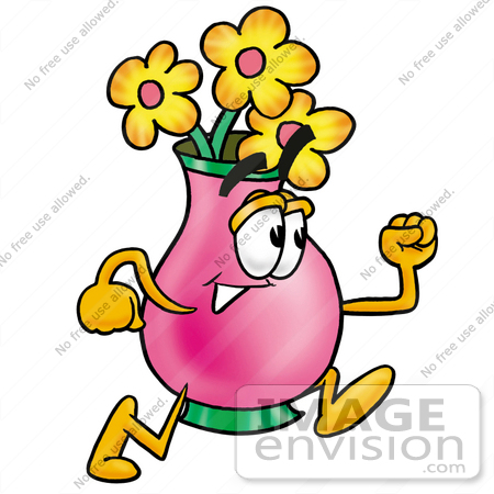 #25697 Clip Art Graphic of a Pink Vase And Yellow Flowers Cartoon Character Running by toons4biz