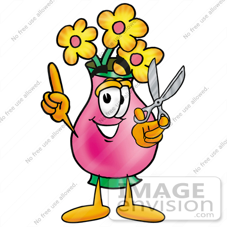 #25698 Clip Art Graphic of a Pink Vase And Yellow Flowers Cartoon Character Holding a Pair of Scissors by toons4biz