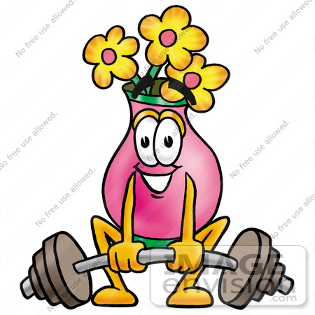 #25699 Clip Art Graphic of a Pink Vase And Yellow Flowers Cartoon Character Lifting a Heavy Barbell by toons4biz