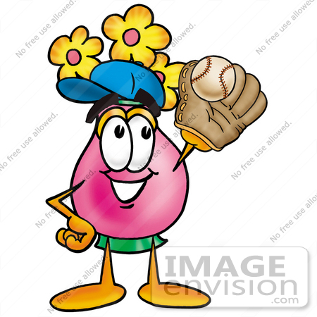 #25700 Clip Art Graphic of a Pink Vase And Yellow Flowers Cartoon Character Catching a Baseball With a Glove by toons4biz