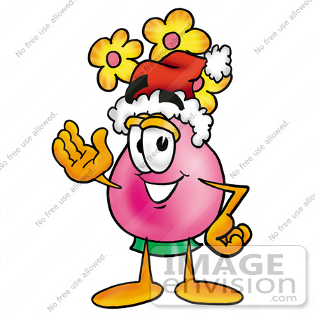 #25701 Clip Art Graphic of a Pink Vase And Yellow Flowers Cartoon Character Wearing a Santa Hat and Waving by toons4biz