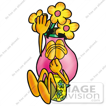 #25702 Clip Art Graphic of a Pink Vase And Yellow Flowers Cartoon Character Plugging His Nose While Jumping Into Water by toons4biz