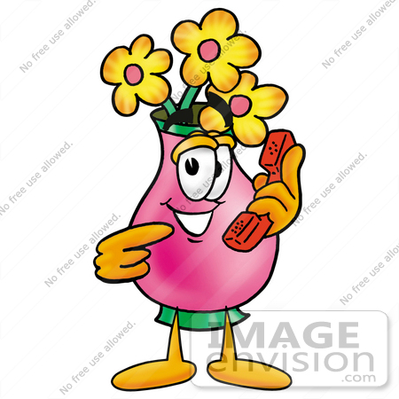 #25704 Clip Art Graphic of a Pink Vase And Yellow Flowers Cartoon Character Holding a Telephone by toons4biz