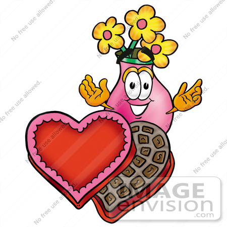 #25705 Clip Art Graphic of a Pink Vase And Yellow Flowers Cartoon Character With an Open Box of Valentines Day Chocolate Candies by toons4biz