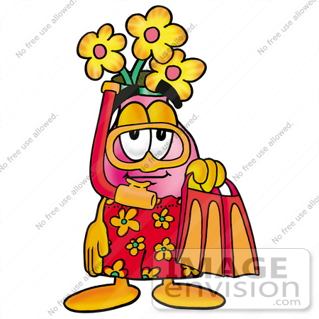 #25706 Clip Art Graphic of a Pink Vase And Yellow Flowers Cartoon Character in Orange and Red Snorkel Gear by toons4biz