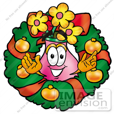 #25707 Clip Art Graphic of a Pink Vase And Yellow Flowers Cartoon Character in the Center of a Christmas Wreath by toons4biz
