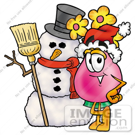 #25708 Clip Art Graphic of a Pink Vase And Yellow Flowers Cartoon Character With a Snowman on Christmas by toons4biz