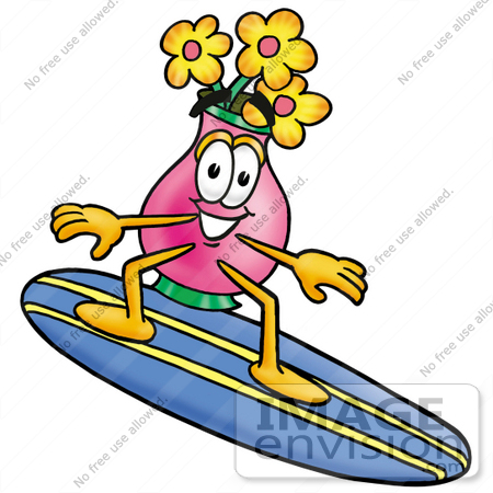 #25709 Clip Art Graphic of a Pink Vase And Yellow Flowers Cartoon Character Surfing on a Blue and Yellow Surfboard by toons4biz