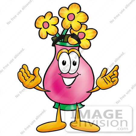 #25712 Clip Art Graphic of a Pink Vase And Yellow Flowers Cartoon Character With Welcoming Open Arms by toons4biz