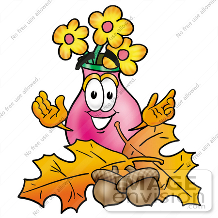#25713 Clip Art Graphic of a Pink Vase And Yellow Flowers Cartoon Character With Autumn Leaves and Acorns in the Fall by toons4biz