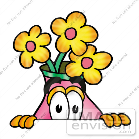 #25715 Clip Art Graphic of a Pink Vase And Yellow Flowers Cartoon Character Peeking Over a Surface by toons4biz