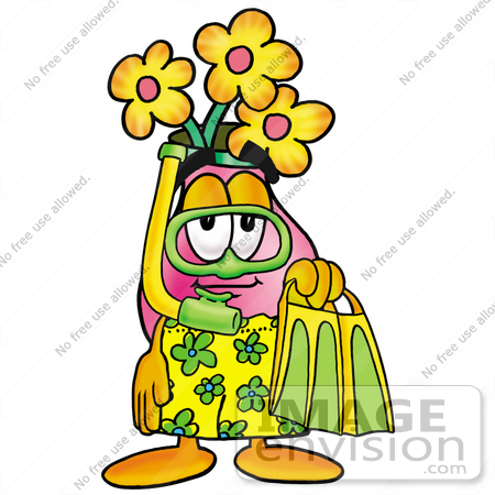 #25716 Clip Art Graphic of a Pink Vase And Yellow Flowers Cartoon Character in Green and Yellow Snorkel Gear by toons4biz