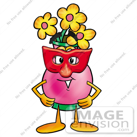 #25717 Clip Art Graphic of a Pink Vase And Yellow Flowers Cartoon Character Wearing a Red Mask Over His Face by toons4biz