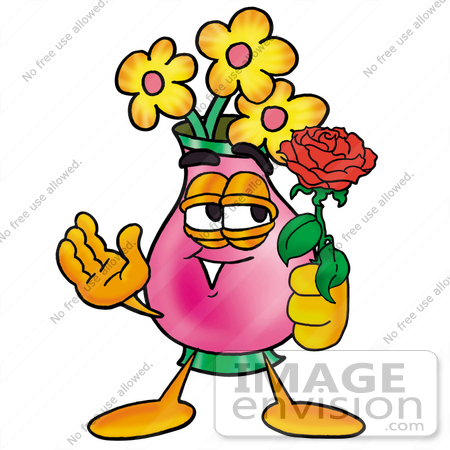 #25718 Clip Art Graphic of a Pink Vase And Yellow Flowers Cartoon Character Holding a Red Rose on Valentines Day by toons4biz