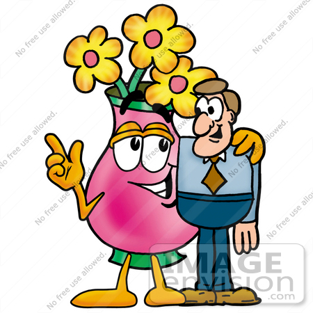 #25719 Clip Art Graphic of a Pink Vase And Yellow Flowers Cartoon Character Talking to a Business Man by toons4biz