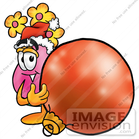 #25720 Clip Art Graphic of a Pink Vase And Yellow Flowers Cartoon Character Wearing a Santa Hat, Standing With a Christmas Bauble by toons4biz