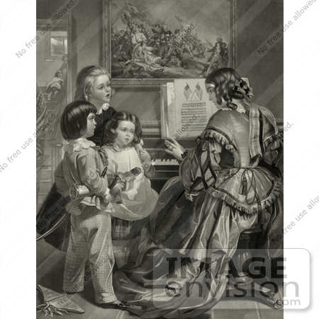 #25724 Stock Photography of Three Children Singing the Star Spangled Banner With a Woman Who is Playing a Piano by JVPD