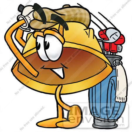 #25726 Clip Art Graphic of a Yellow Safety Hardhat Cartoon Character Swinging His Golf Club While Golfing by toons4biz