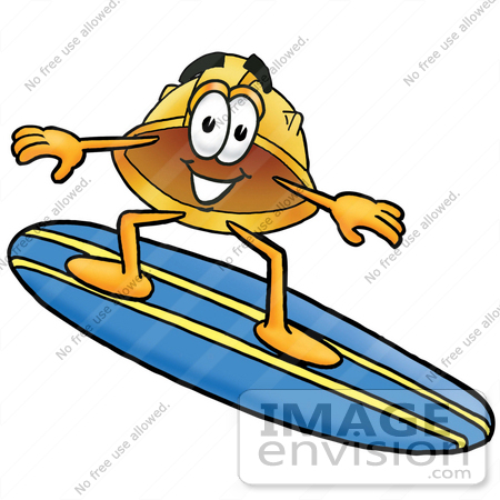 #25729 Clip Art Graphic of a Yellow Safety Hardhat Cartoon Character Surfing on a Blue and Yellow Surfboard by toons4biz