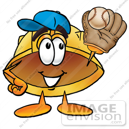 #25730 Clip Art Graphic of a Yellow Safety Hardhat Cartoon Character Catching a Baseball With a Glove by toons4biz