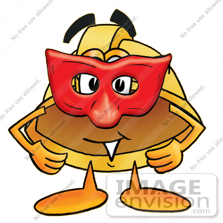 #25734 Clip Art Graphic of a Yellow Safety Hardhat Cartoon Character Wearing a Red Mask Over His Face by toons4biz