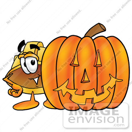 #25737 Clip Art Graphic of a Yellow Safety Hardhat Cartoon Character With a Carved Halloween Pumpkin by toons4biz