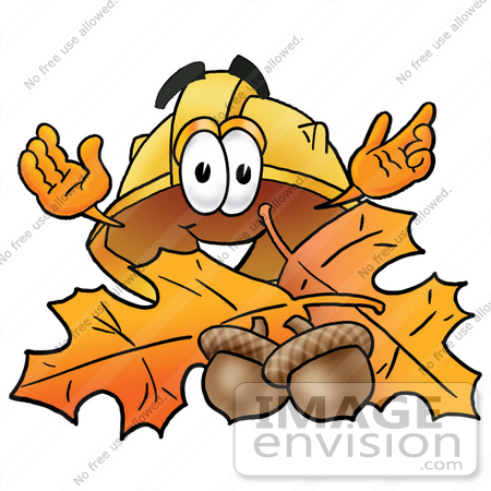 #25738 Clip Art Graphic of a Yellow Safety Hardhat Cartoon Character With Autumn Leaves and Acorns in the Fall by toons4biz