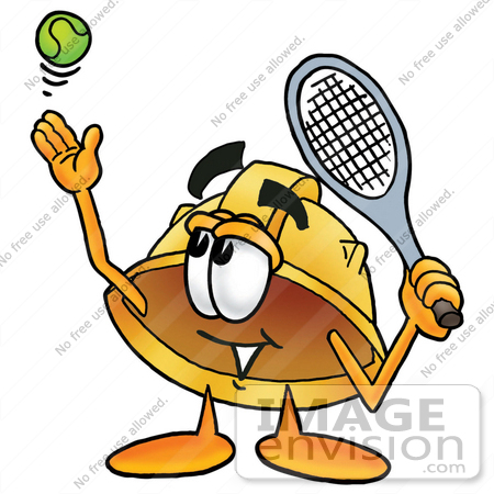 #25740 Clip Art Graphic of a Yellow Safety Hardhat Cartoon Character Preparing to Hit a Tennis Ball by toons4biz