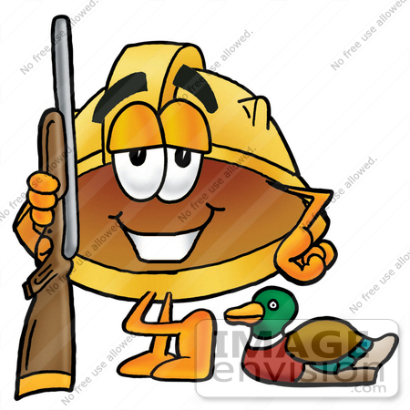 #25745 Clip Art Graphic of a Yellow Safety Hardhat Cartoon Character Duck Hunting, Standing With a Rifle and Duck by toons4biz
