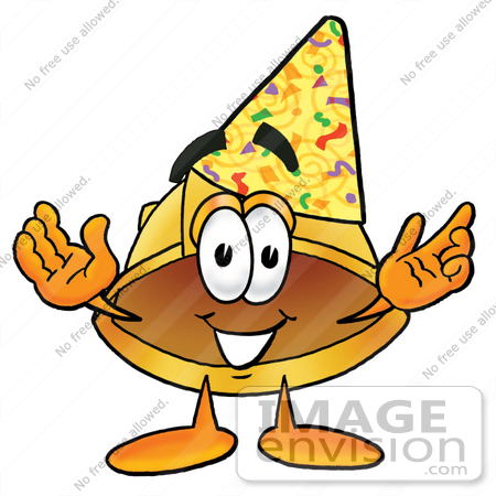 #25749 Clip Art Graphic of a Yellow Safety Hardhat Cartoon Character Wearing a Birthday Party Hat by toons4biz