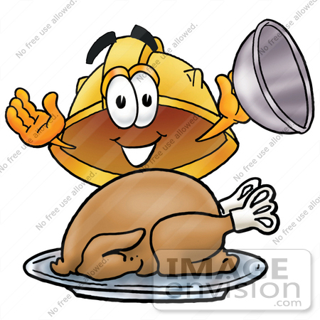 #25750 Clip Art Graphic of a Yellow Safety Hardhat Cartoon Character Serving a Thanksgiving Turkey on a Platter by toons4biz