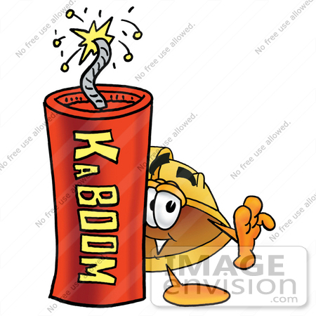 #25752 Clip Art Graphic of a Yellow Safety Hardhat Cartoon Character Standing With a Lit Stick of Dynamite by toons4biz