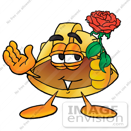 #25757 Clip Art Graphic of a Yellow Safety Hardhat Cartoon Character Holding a Red Rose on Valentines Day by toons4biz