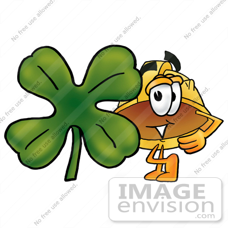 #25758 Clip Art Graphic of a Yellow Safety Hardhat Cartoon Character With a Green Four Leaf Clover on St Paddy’s or St Patricks Day by toons4biz