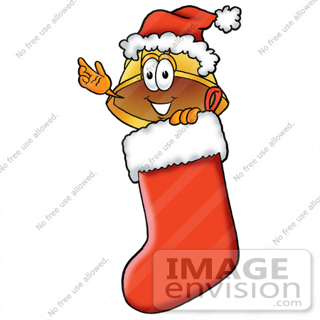 #25760 Clip Art Graphic of a Yellow Safety Hardhat Cartoon Character Wearing a Santa Hat Inside a Red Christmas Stocking by toons4biz