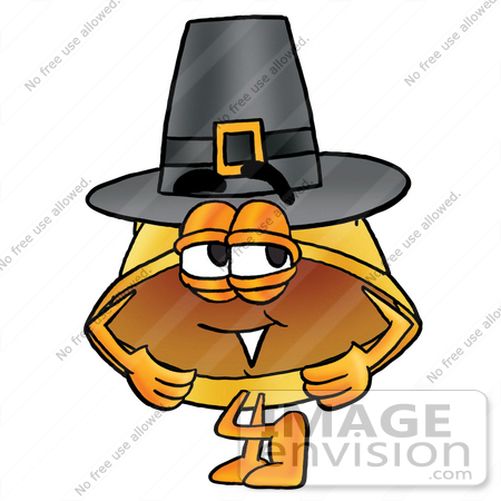 #25762 Clip Art Graphic of a Yellow Safety Hardhat Cartoon Character Wearing a Pilgrim Hat on Thanksgiving by toons4biz